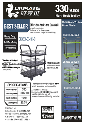 330kg Sandaran Tangan Ganda 3 Tier Rolling Cart Dengan 4 Katering Tiup Diam